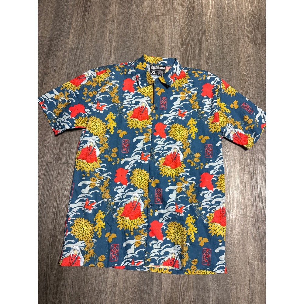 Inuyasha Anime Button Down Shirt Mens XL Blue All Over Print Cotton Short Sleeve